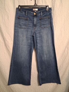 Kut from the Kloth Medium Blue Wide-Leg Denim Jeans with Braided Pocket Trim